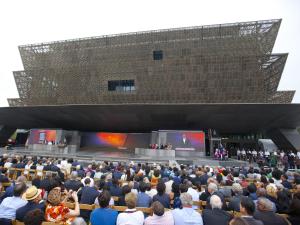Caption: President Barack Obama speaks during the dedication ceremony for the Smithsonian Museum of African American History and Culture in Washington, D.C., on September 24, 2016. Source: Pablo Martinez Monsivais/AP 